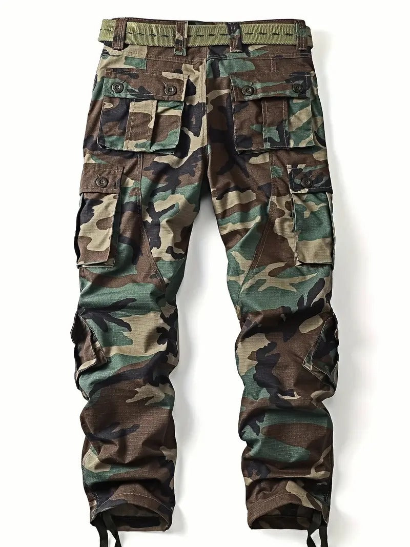 Cotton Blend Camo Multi Flap Pockets Men's Straight Leg Cargo Pants, Loose Casual Outdoor Pants, Tactical Work Pants For Men