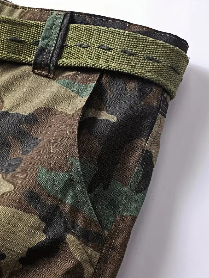 Cotton Blend Camo Multi Flap Pockets Men's Straight Leg Cargo Pants, Loose Casual Outdoor Pants, Tactical Work Pants For Men